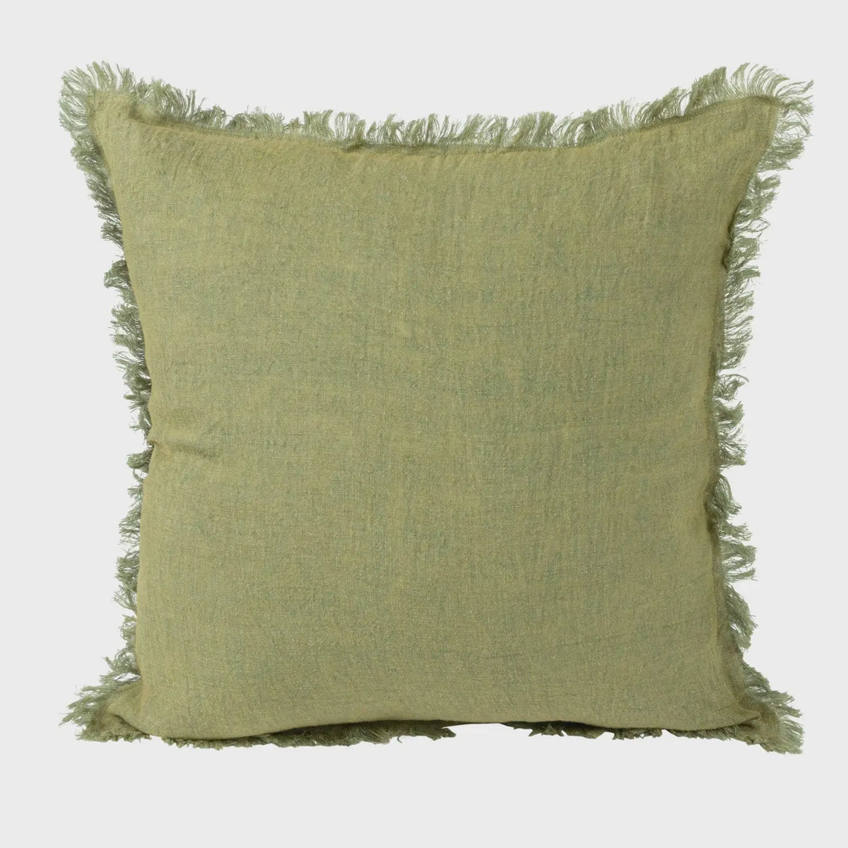 Sage green stonewashed linen throw pillow with frayed edges from Shop Daisy