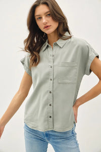 Sage green short dolman sleeve button down shirt with stylish dolman sleeve button design