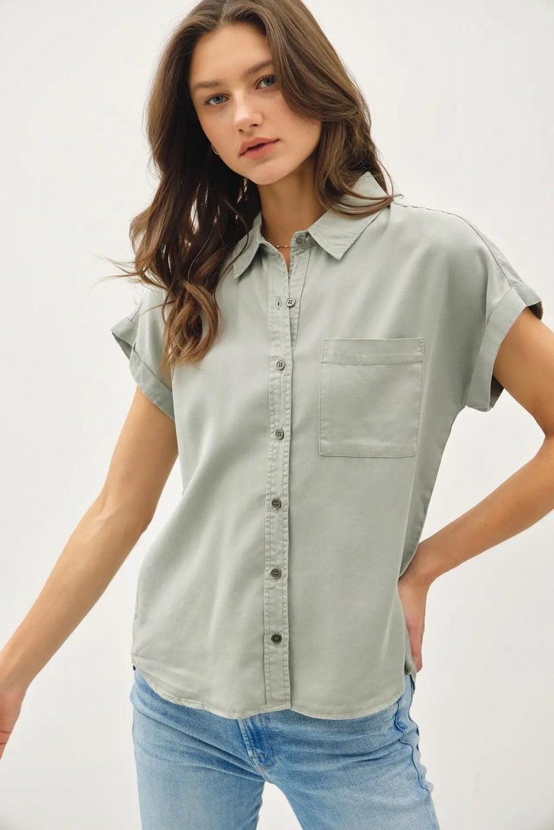 Sage green short dolman sleeve button down shirt with stylish dolman sleeve button design