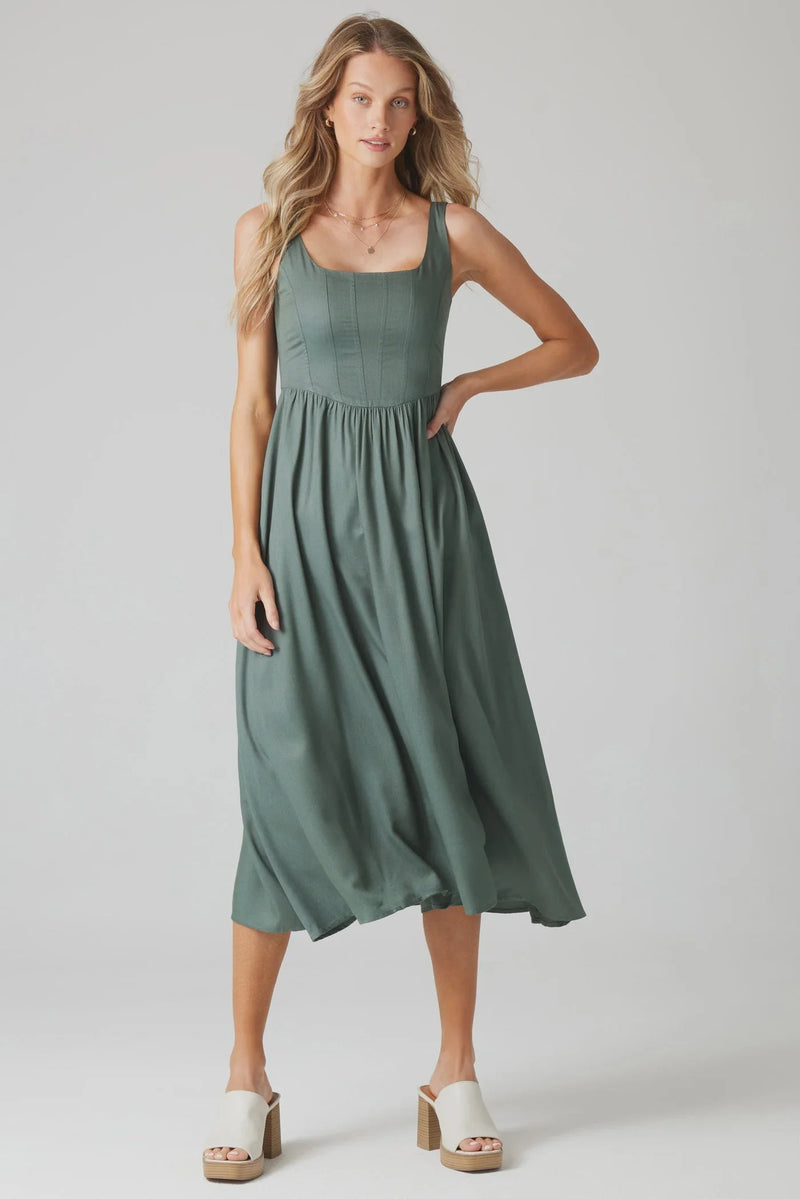 Sage green PISA Midi Dress with invisible zipper, fitted bodice, and flowy skirt