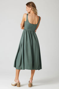 Sage green PISA Midi Dress with gathered waist, square neckline, and invisible zipper