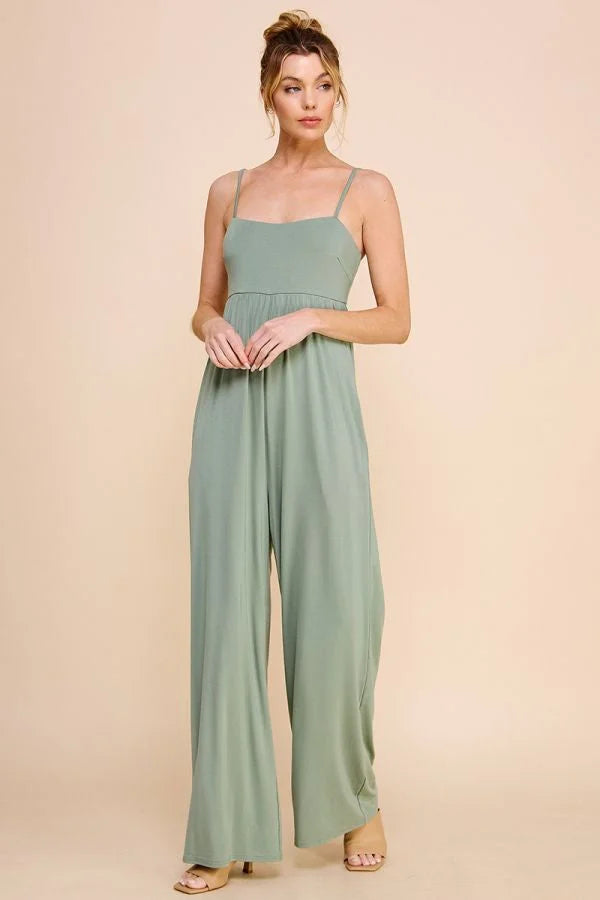 Sage green Babydoll wide leg jumpsuit with thin straps and square neckline