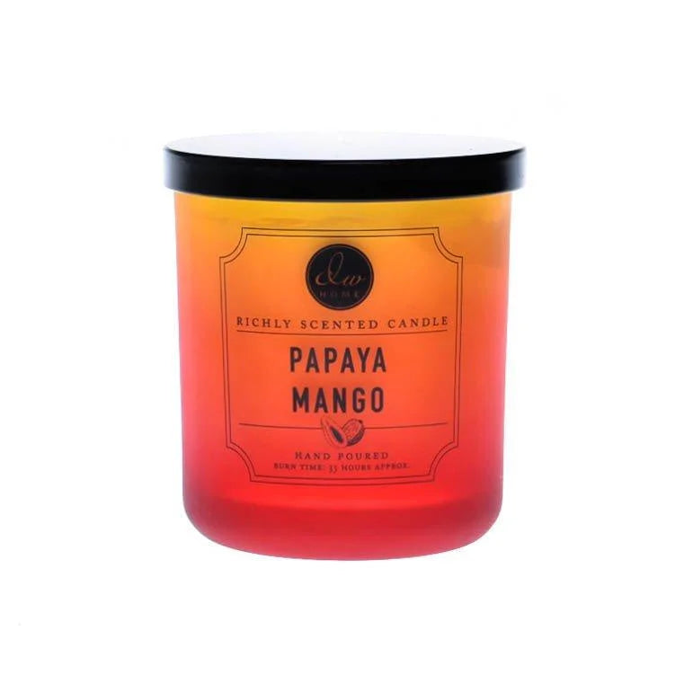 Scented Papaya Mango Candle in a glass jar with orange-red gradient for boho decor