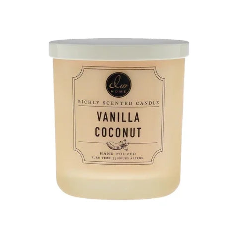 Scented vanilla coconut candle in a glass jar, labeled Vanilla Coconut