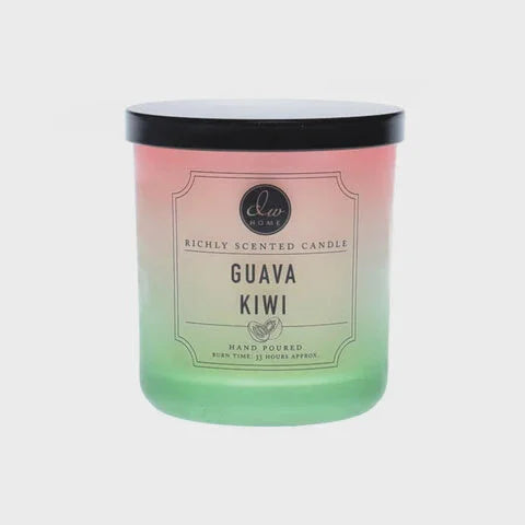 Scented Guava Kiwi Candle in a gradient pink and green glass jar for a fresh ambiance