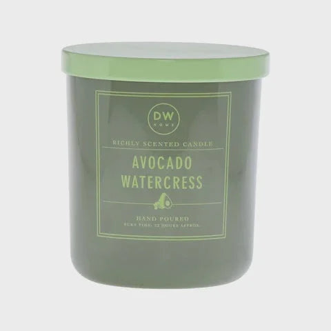 Scented Avocado Watercress Candle in a green glass jar for boho free spirit decor