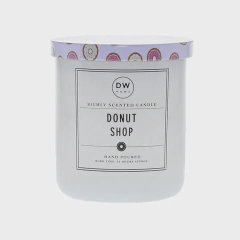 Scented Donut Shop Candle in a white jar with decorative lid for a boho vibe