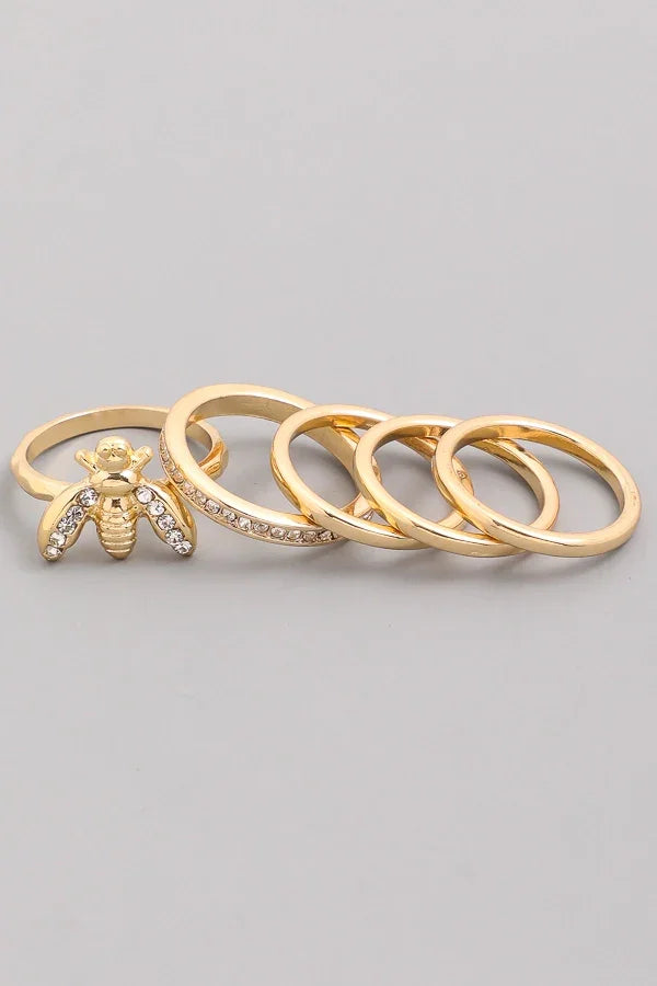 Gold-toned HONEY BEE RING 5PC SET with rhinestones, ideal for women’s boho chic clothing