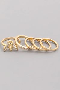 Gold-toned HONEY BEE RING 5PC SET with rhinestones, ideal for women’s boho chic clothing