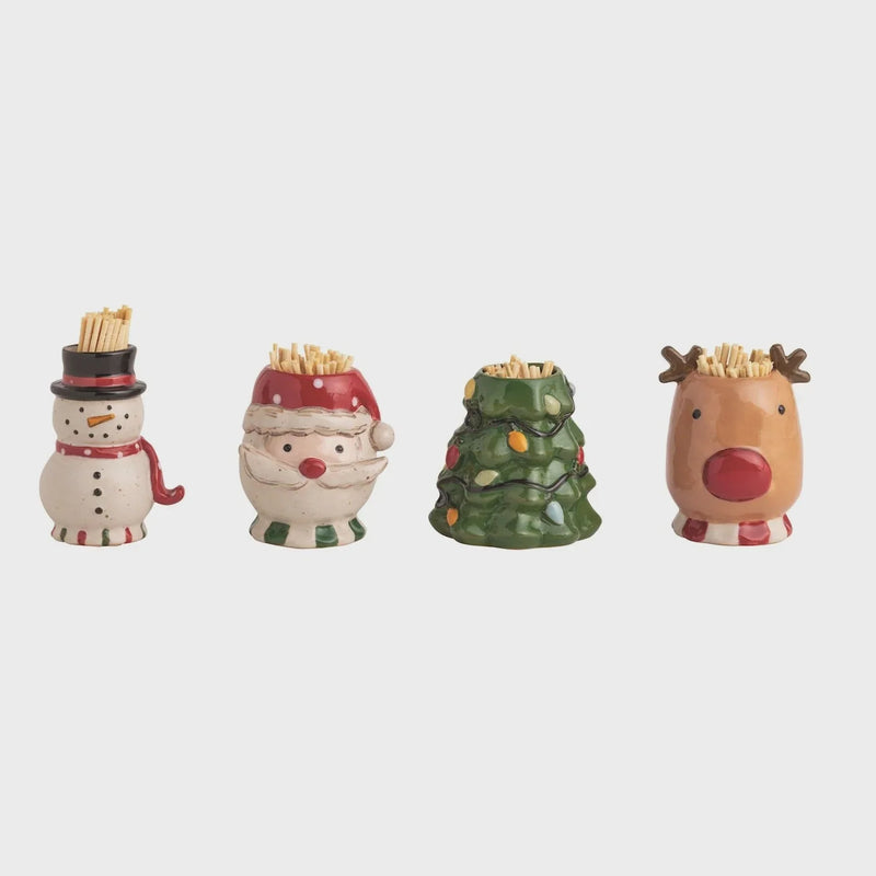 Set of four farm Christmas toothpick holders featuring snowman Santa Christmas tree reindeer