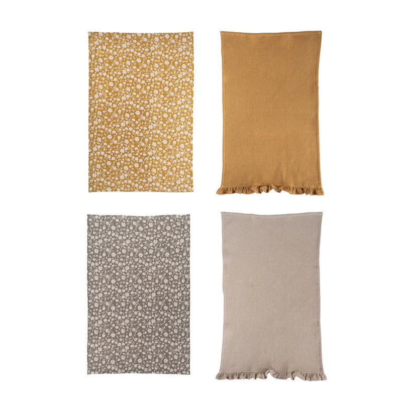 Set of four Cotton Slub Printed and Cotton Waffle Tea Towels in muted earth tones