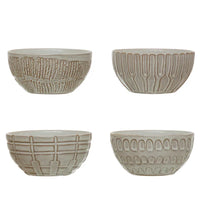 Set of four Debossed Stoneware Soup Bowls featuring textured exterior patterns