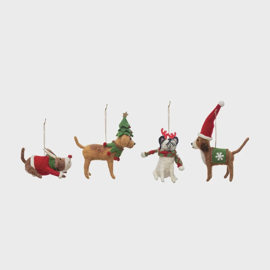 Set of four wool felt dog holiday outfit ornaments with festive accessories