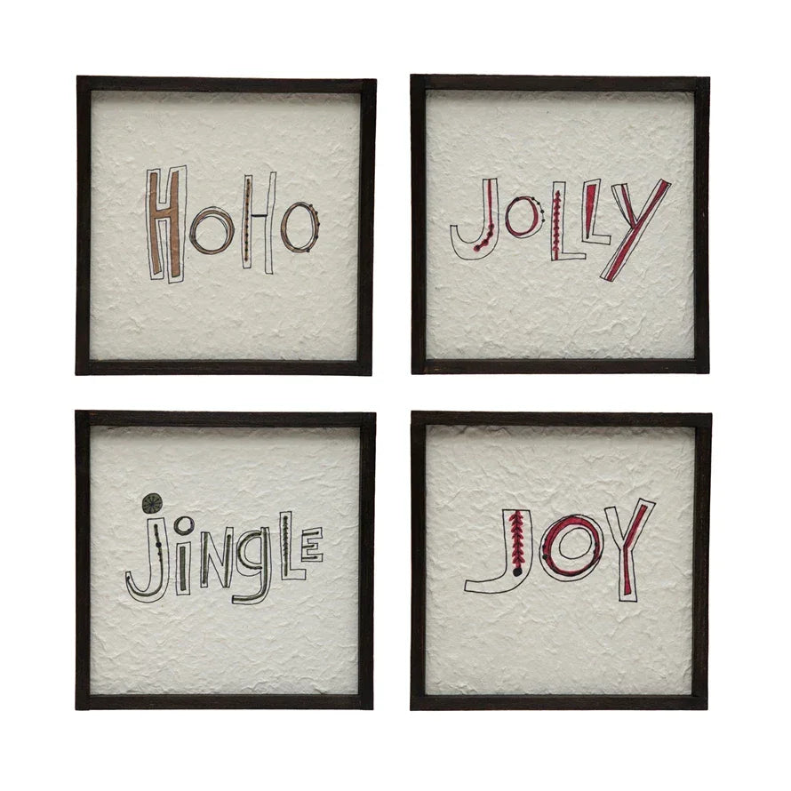 Square wood framed wall décor featuring holiday sayings HoHo, Jolly, Jingle, and Joy