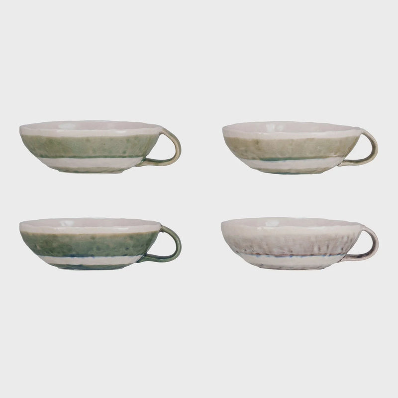 Set of four shallow stoneware bowls with handles in a stylish boho chic design