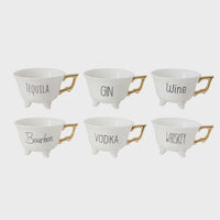 Set of six stoneware footed teacups with gold electroplating handles for various alcohols