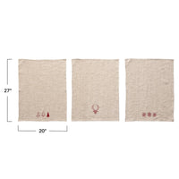 Set of three beige linen tea towels with cotton embroidered holiday motifs for festive decor