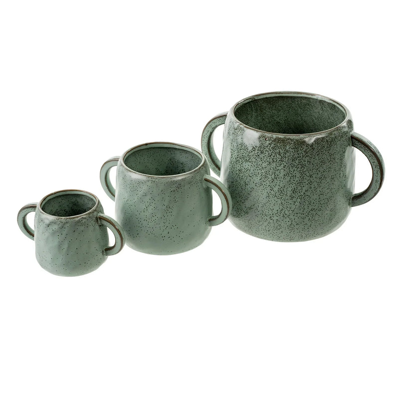 Set of three green Niko Eared Pot ceramic mugs with double handles