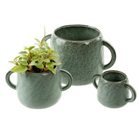 Set of three green ceramic Niko Eared Pots with handles for planting or decor