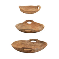 Set of 3 Teak Wood Bowls with Handles in Rustic Organic Shapes for Serving