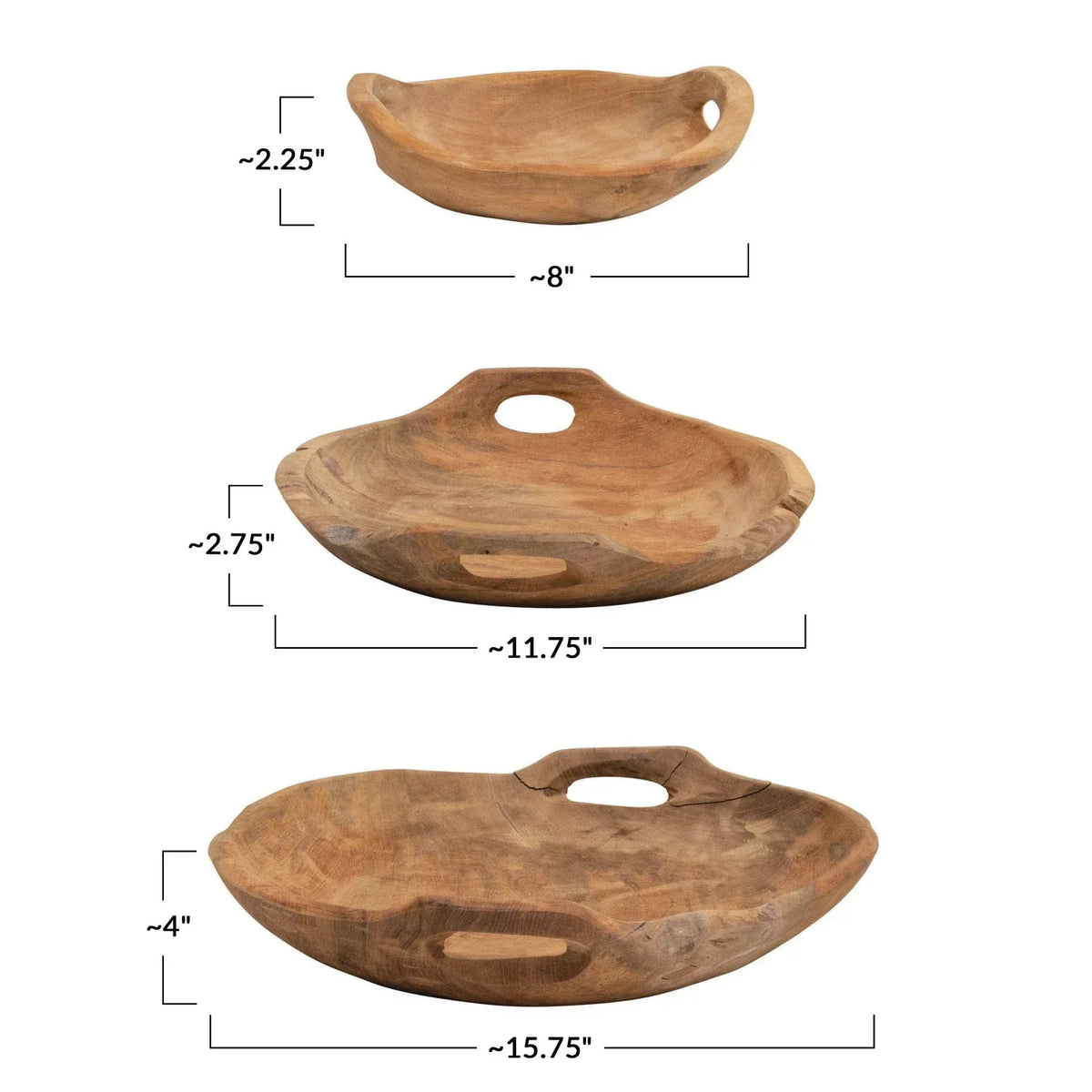 Set of 3 Teak Wood Bowls with Handles in various sizes and angles for serving