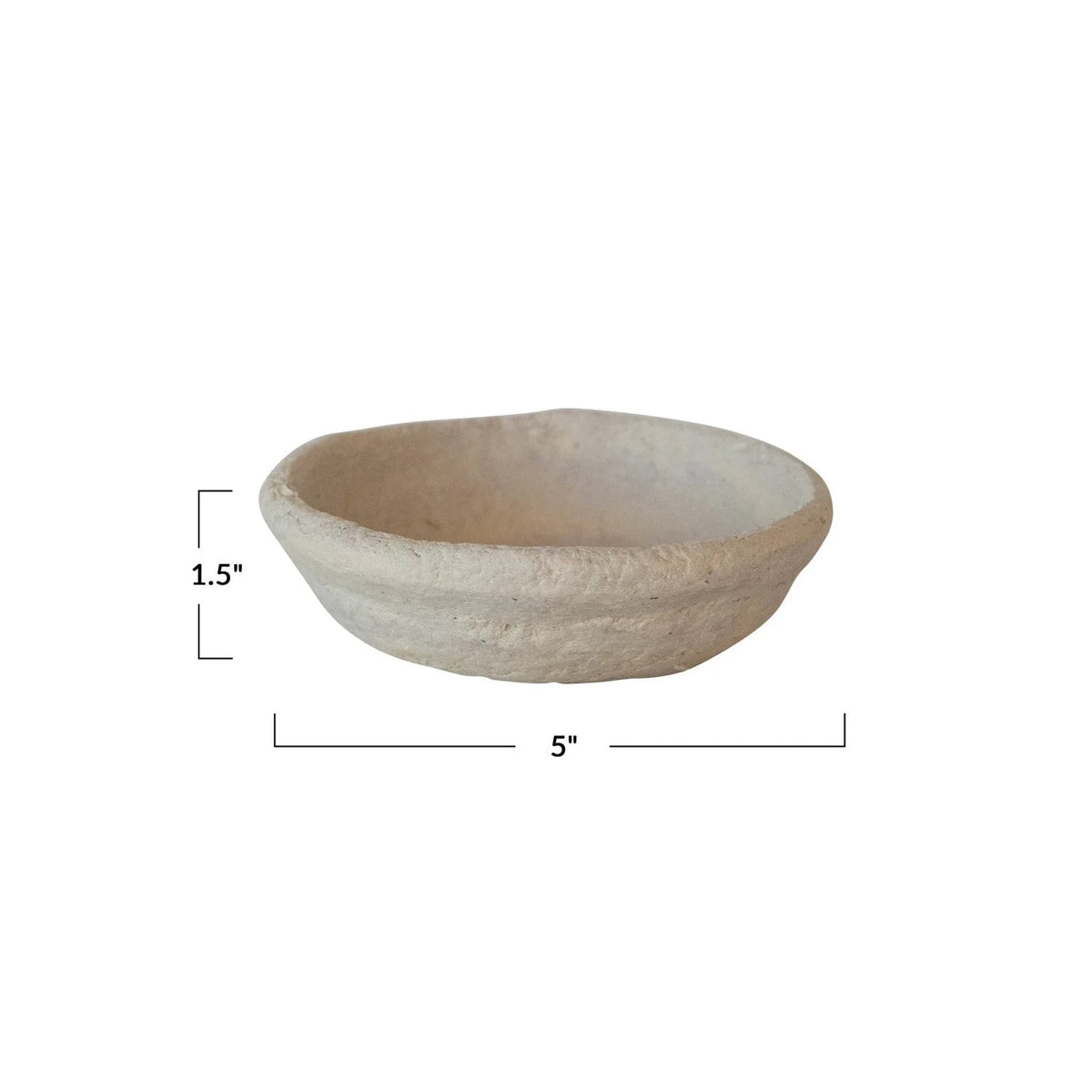 Shallow handmade paper mache bowl with rough-textured stone-like exterior