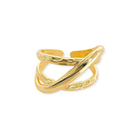 Shiny gold-colored open crossover double cross ring with hammered texture, adjustable cross ring