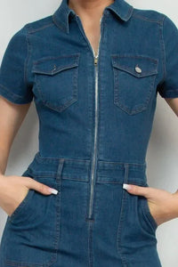 Short-sleeved woven denim jumpsuit with front zipper and chest pockets for a stylish look