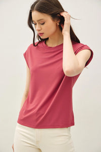 Deep rose bamboo cap sleeve basic round neck top displayed in the BAMBOO CAP SLEEVE BASIC ROUND NECK TOP product image
