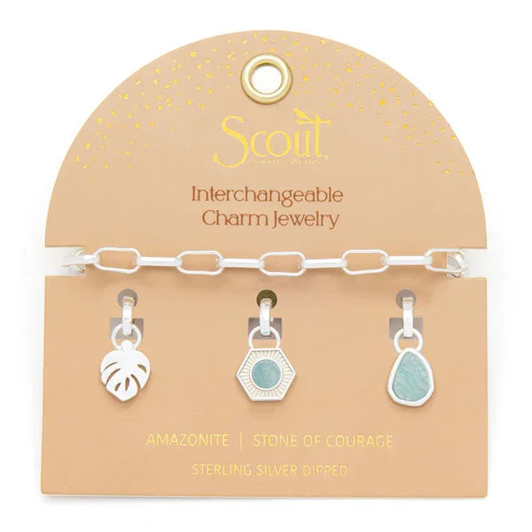 Silver Amazonite Interchangeable Charm Bracelet with Leaf and Geometric Charms