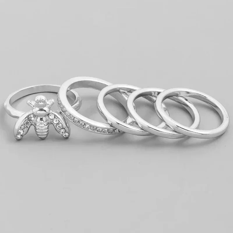 Silver Bee Ring with Cubic Zirconia Accents in Honey Bee 5PC Set