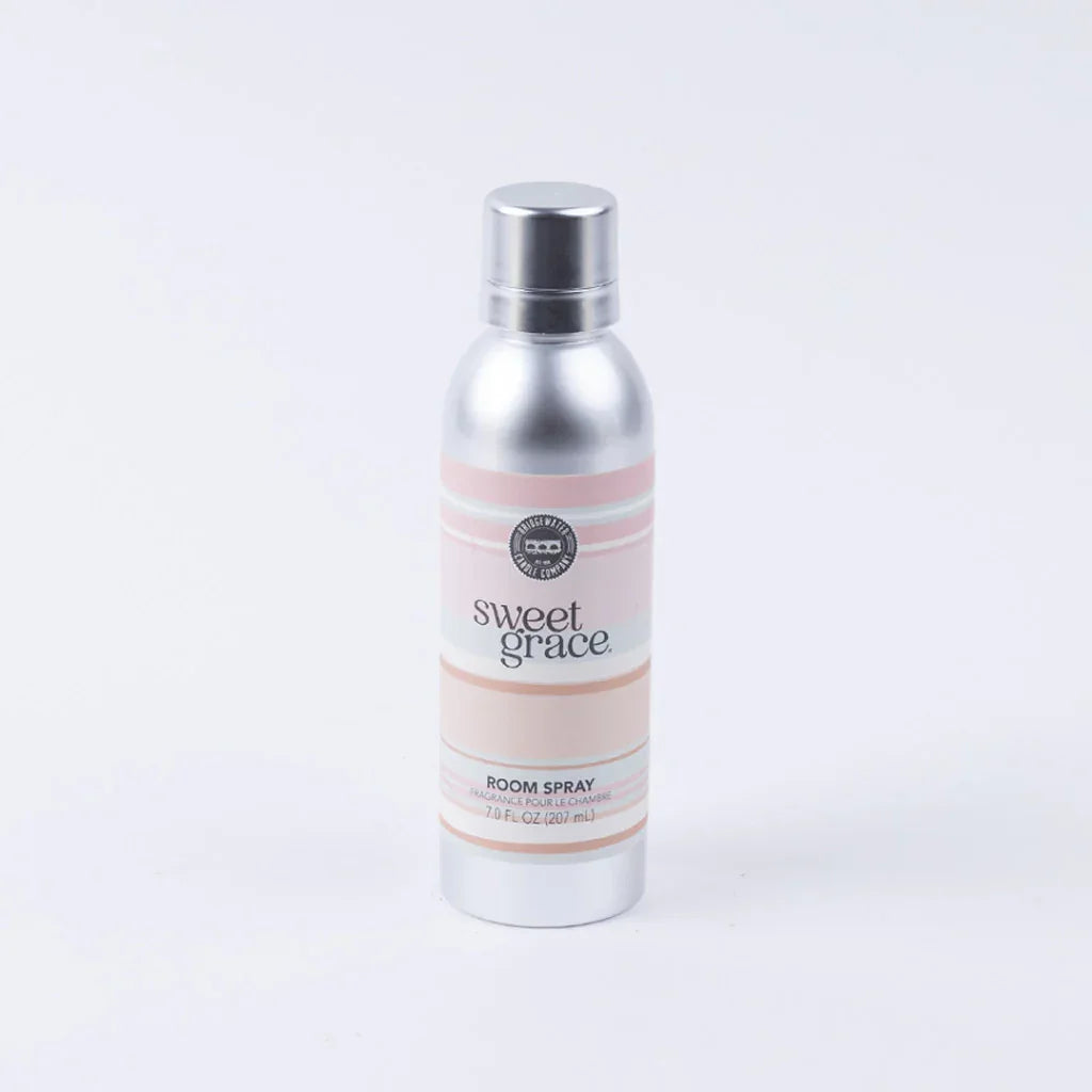 Silver bottle of Room Spray Sweet Grace with pink label, a best seller home spray