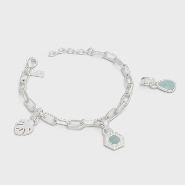 Silver Interchangeable Charm Bracelet with Amazonite Hexagon Leaf Pendants