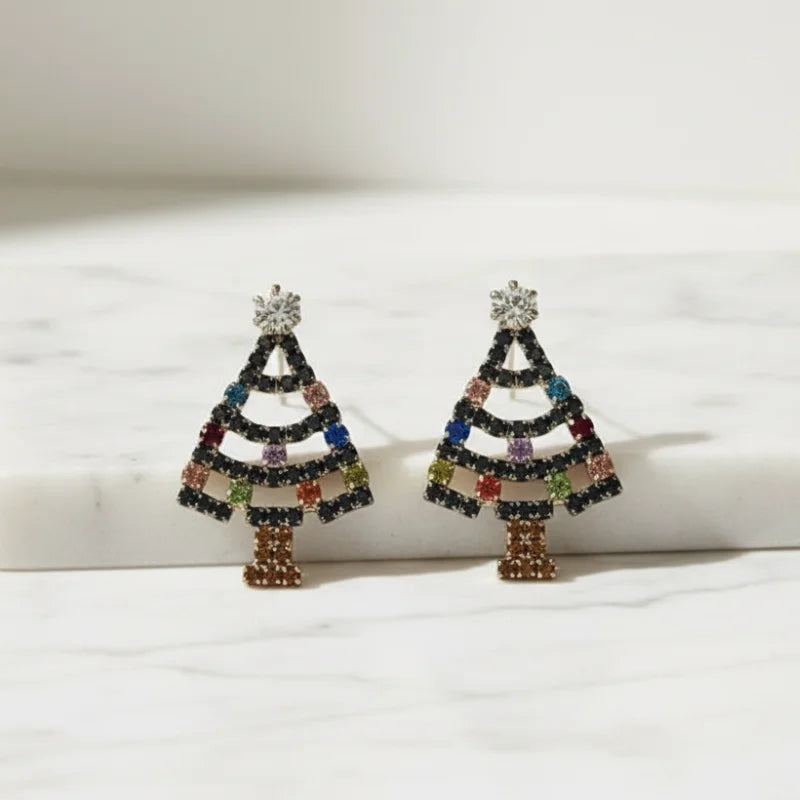 Silver Christmas Tree Earrings with Multicolored Gemstones and Star Top