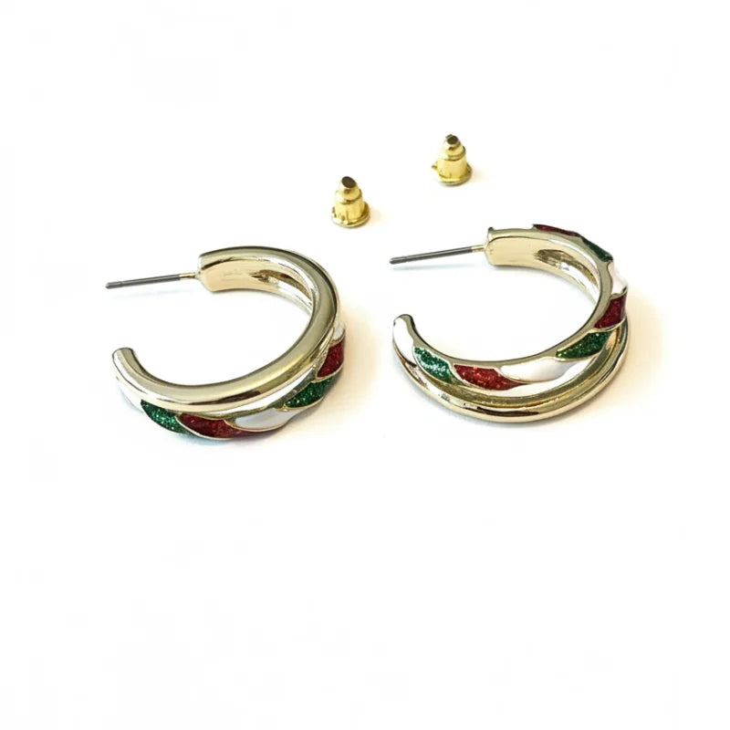 Silver Glitter Christmas Hoop Earrings with Red Green Enamel