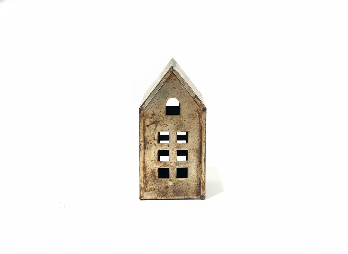 Rustic bohemian metal decorative holiday house ornament with silver finish