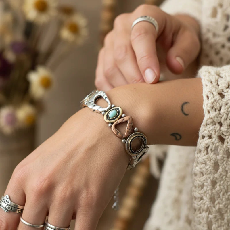 Southwestern boho metal bracelet with silver moon, star, turquoise stone