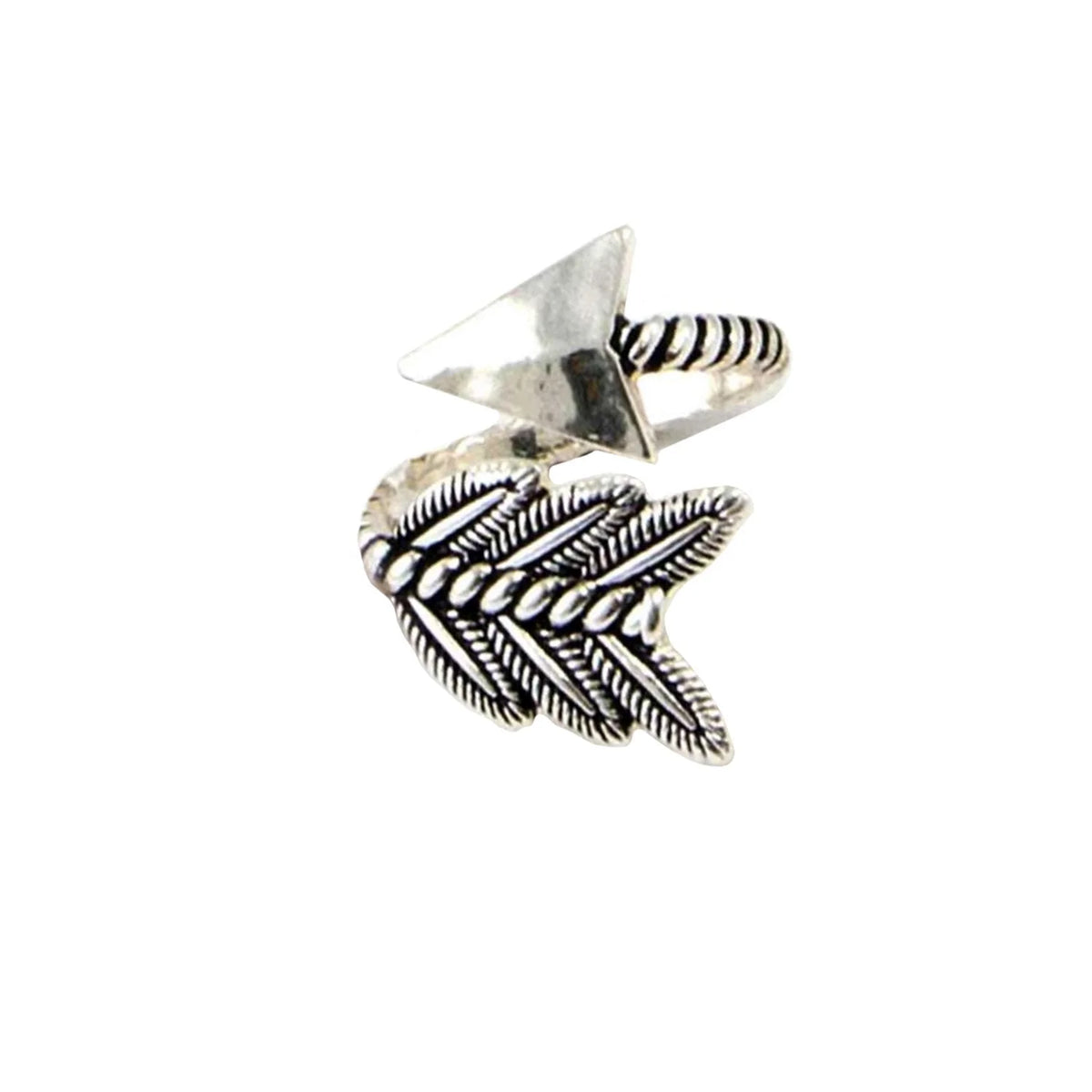 Sterling silver arrow ring with delicate leaf design showcasing modern elegance