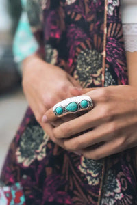 Adjustable silver ring with three vibrant turquoise stones for elegant jewelry styling