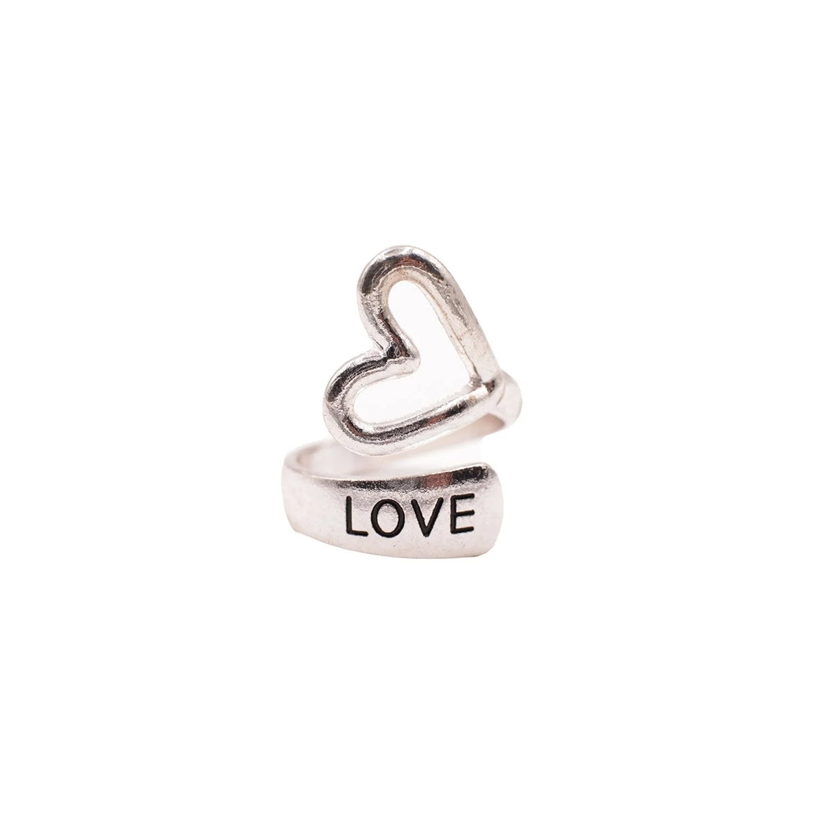 Silver Heart Love Ring featuring the word love elegantly displayed in the center