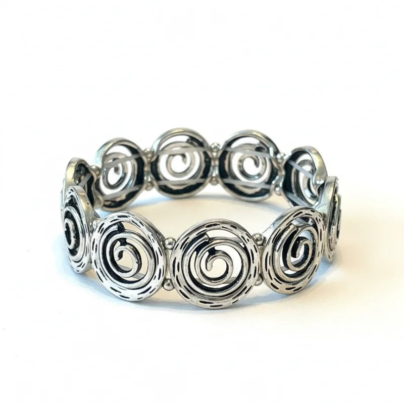 Silver spiral boho stretch bracelet with textured swirls