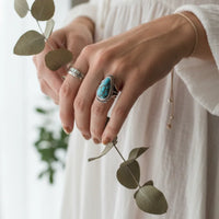 Chunky turquoise adjustable statement ring with silver stone and intricate band