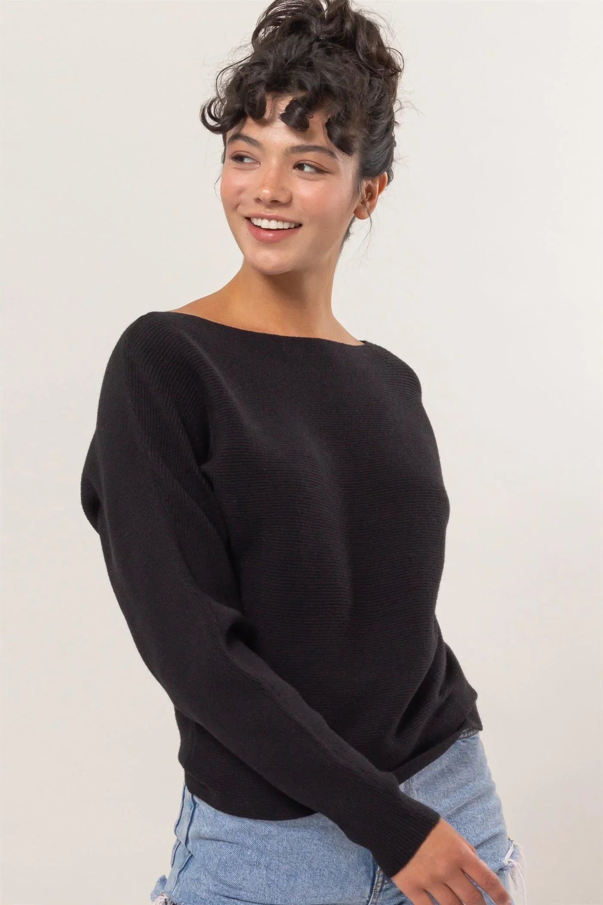 Simple black boat neck long sleeve sweater with long sleeves for stylish comfort