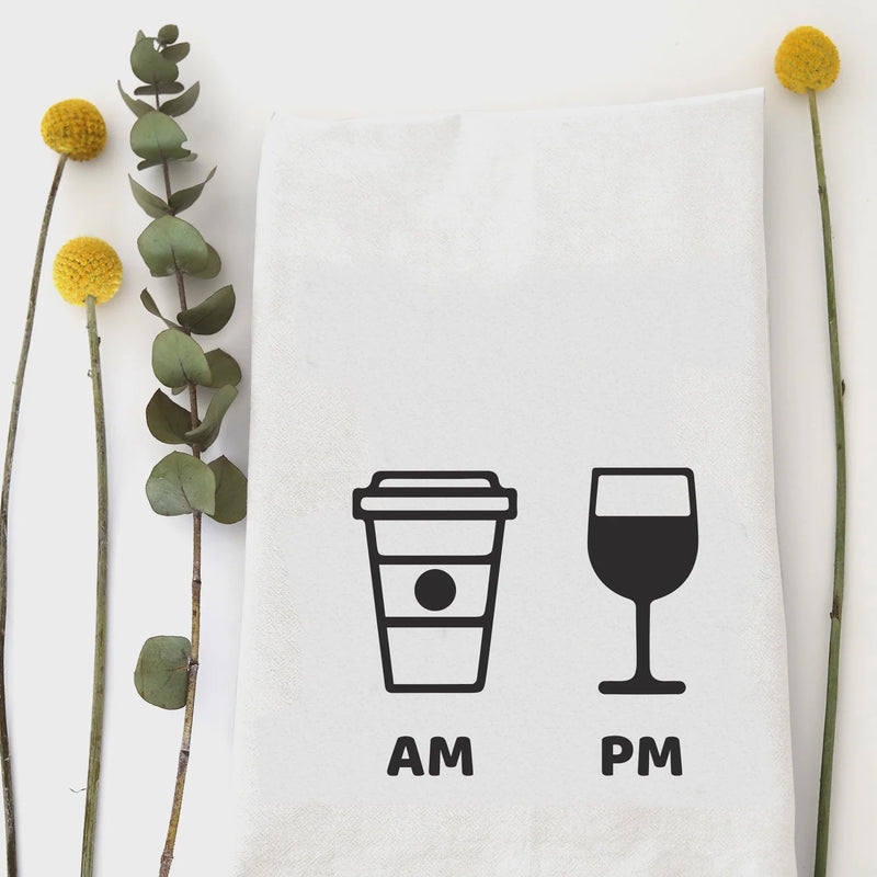 AM PM White Humorous Hand Tea Towel featuring coffee cup and wine glass design