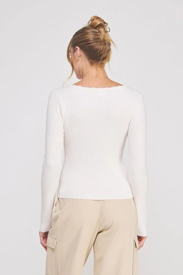 Gauge Rib Square Neck Lace Trim Top in white knit