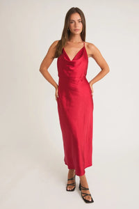 Sleek red satin midi dress with cowl neckline, ideal for women’s boho chic clothing