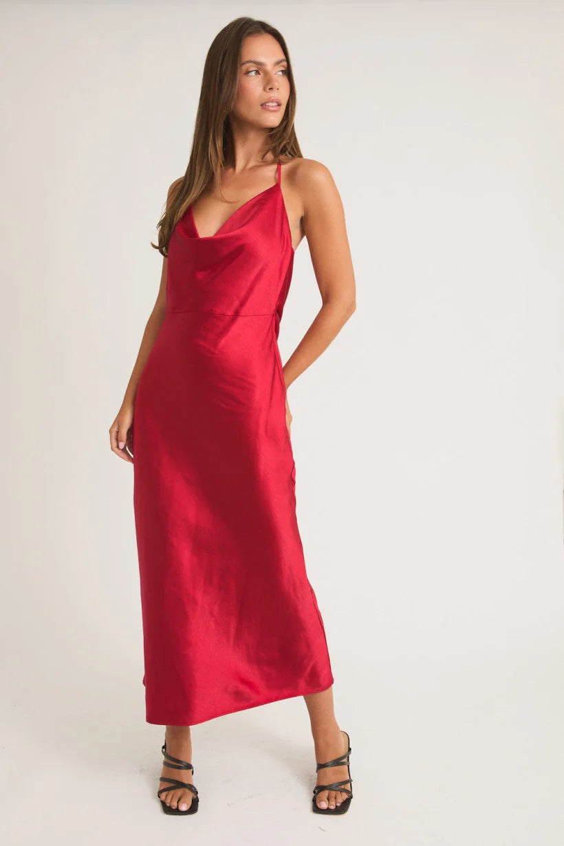 Sleek red satin slip dress for women’s boho chic clothing at Shop Daisy