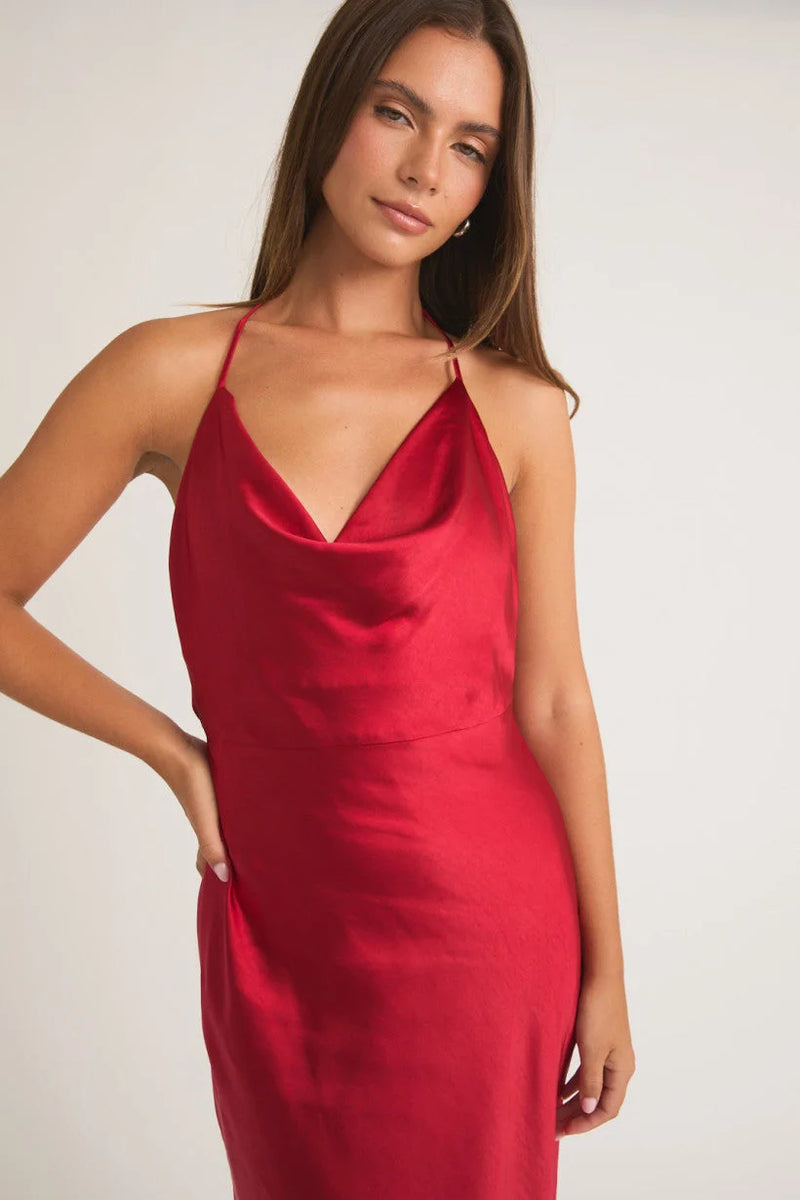 Sleek red satin slip dress for women’s boho chic clothing at Shop Daisy