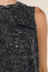 Acid-wash black sleeveless denim top with chest pocket, part of Cotton Muscle Tee collection