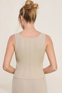 Sleeveless beige ribbed top back view showcasing Knitted Variegated Rib design